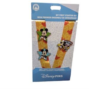 Disney Parks Mickey & Minnie My First Pin Trading Lanyard & 3 Pin Set NEW